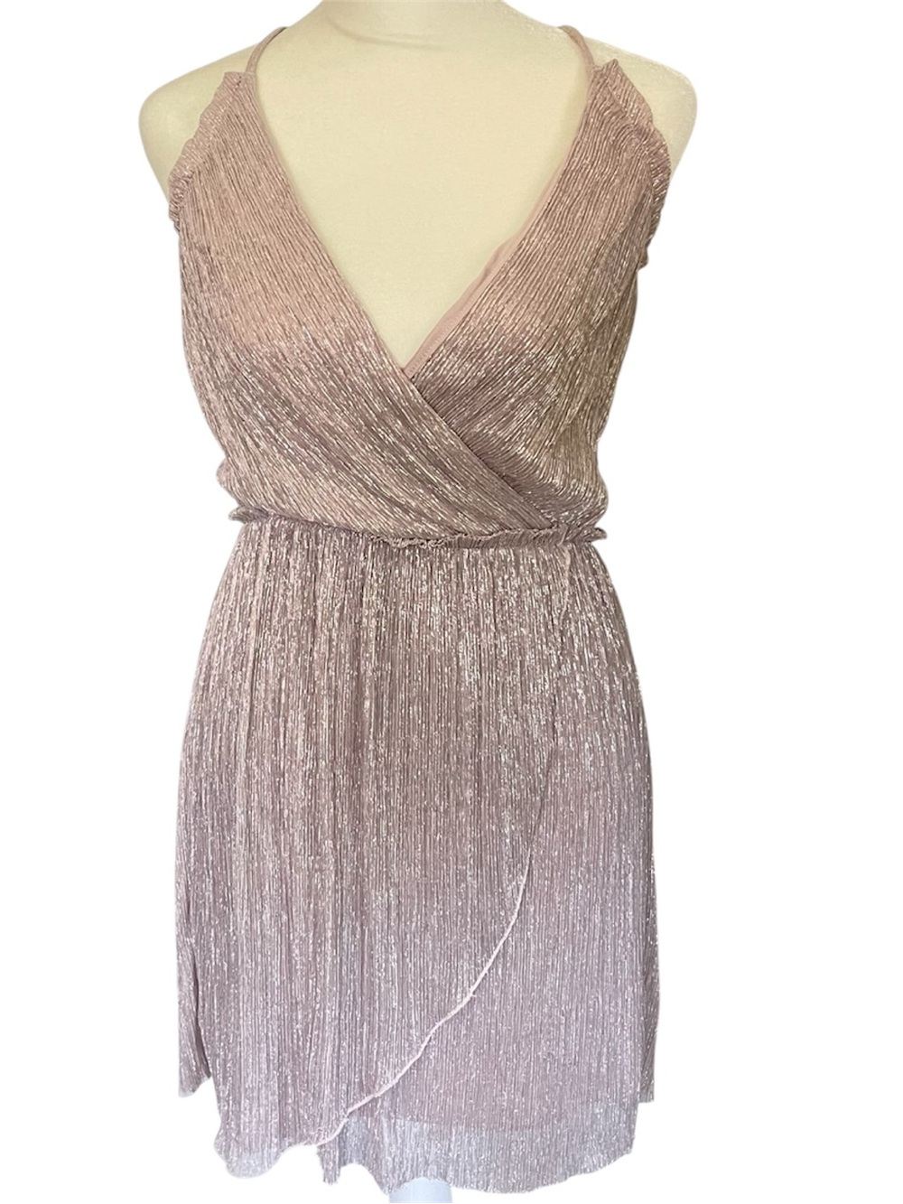 Express Metallic Pleated Wrap Mini Dress in Dusty Rose